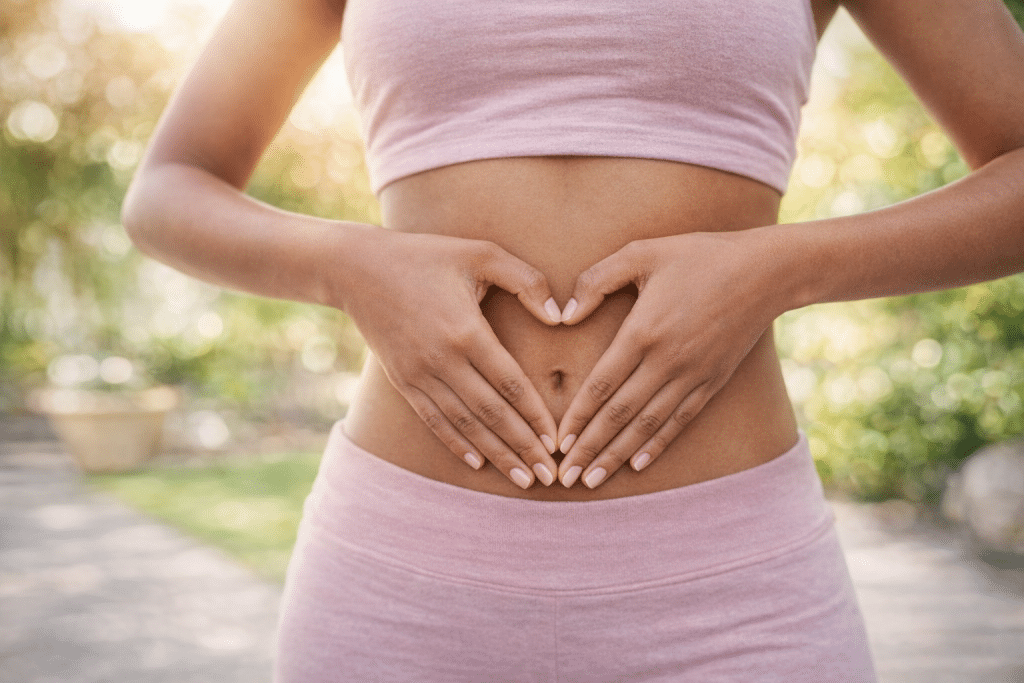 Image showing woman forming heart over her stomach representing gut health functional medicine testing.